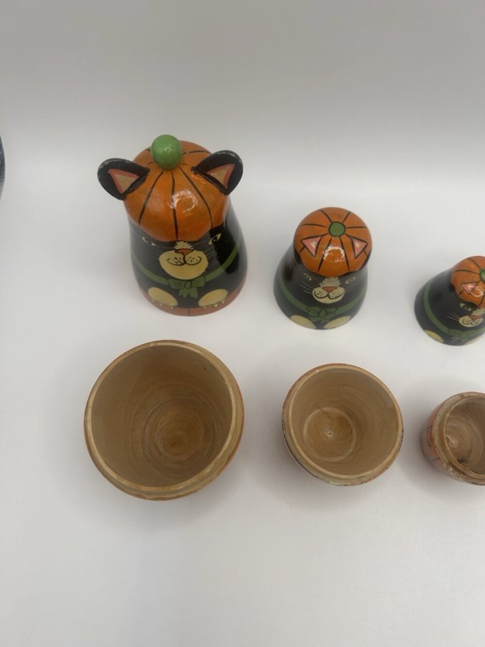 Halloween Kitty Cat Pumpkin Hand-Painted Wood Stacking Nesting Dolls Five Vtg - Picture 13 of 16